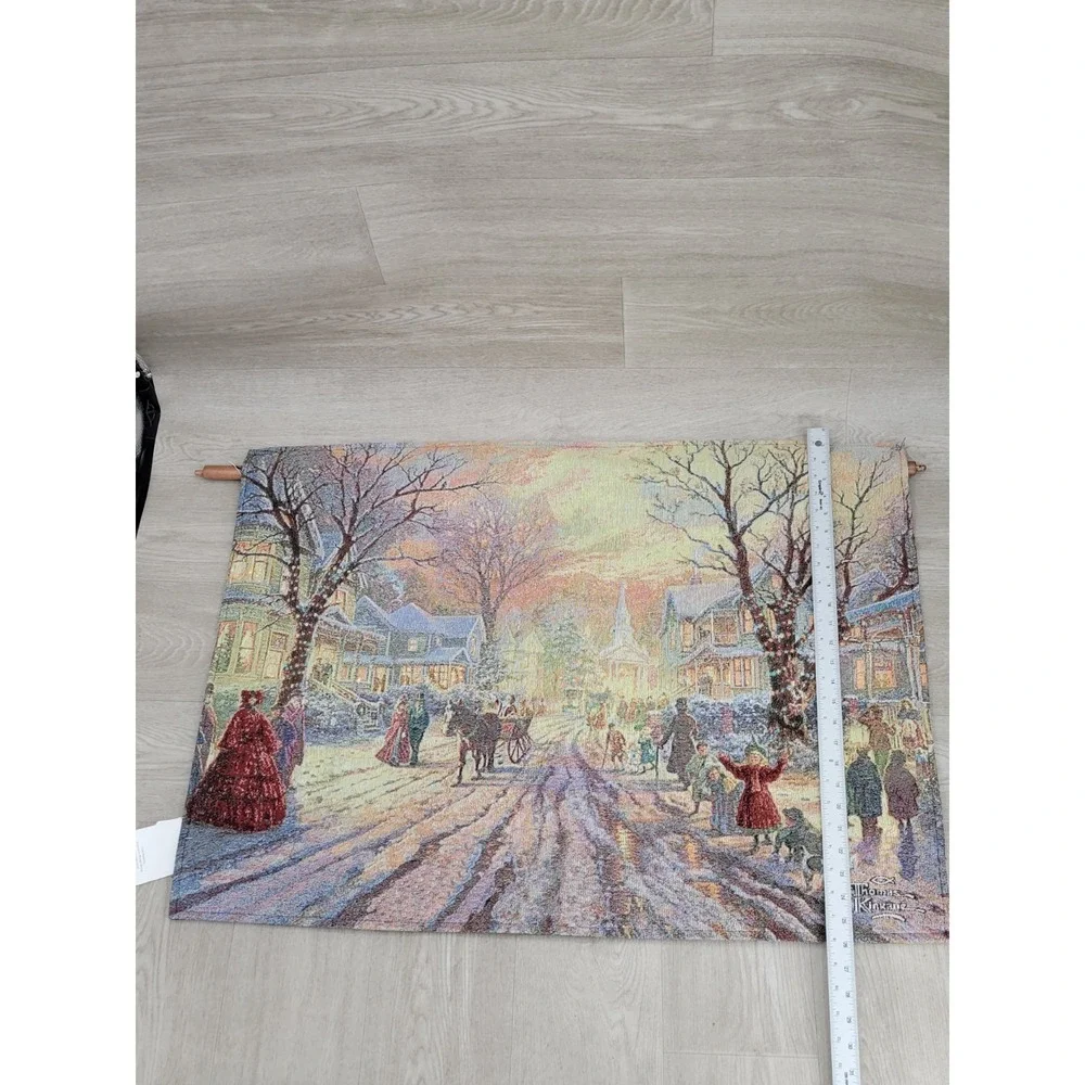 NWT Thomas Kinkade Fiber Optic Wall Tapestry Victorian Xmas Carol Hometown
